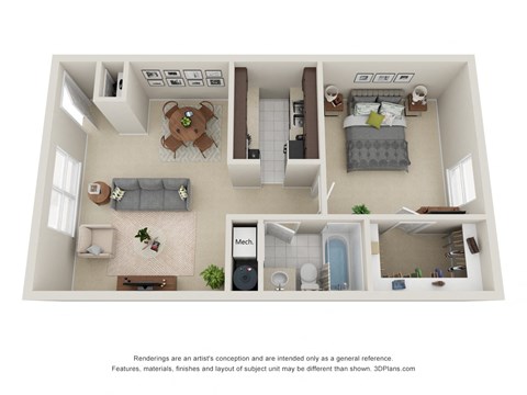 Floor plan for 1 bed, 1 bath, 635 sqft